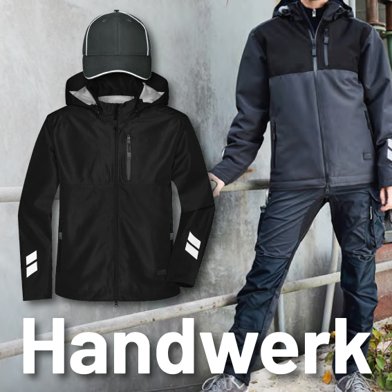 Robuste Arbeitskleidung für Handwerker von c&w - das Werbezentrum in Geretsried, bestehend aus Arbeitsjacken und -hosen, ideal für Bau und Garten.